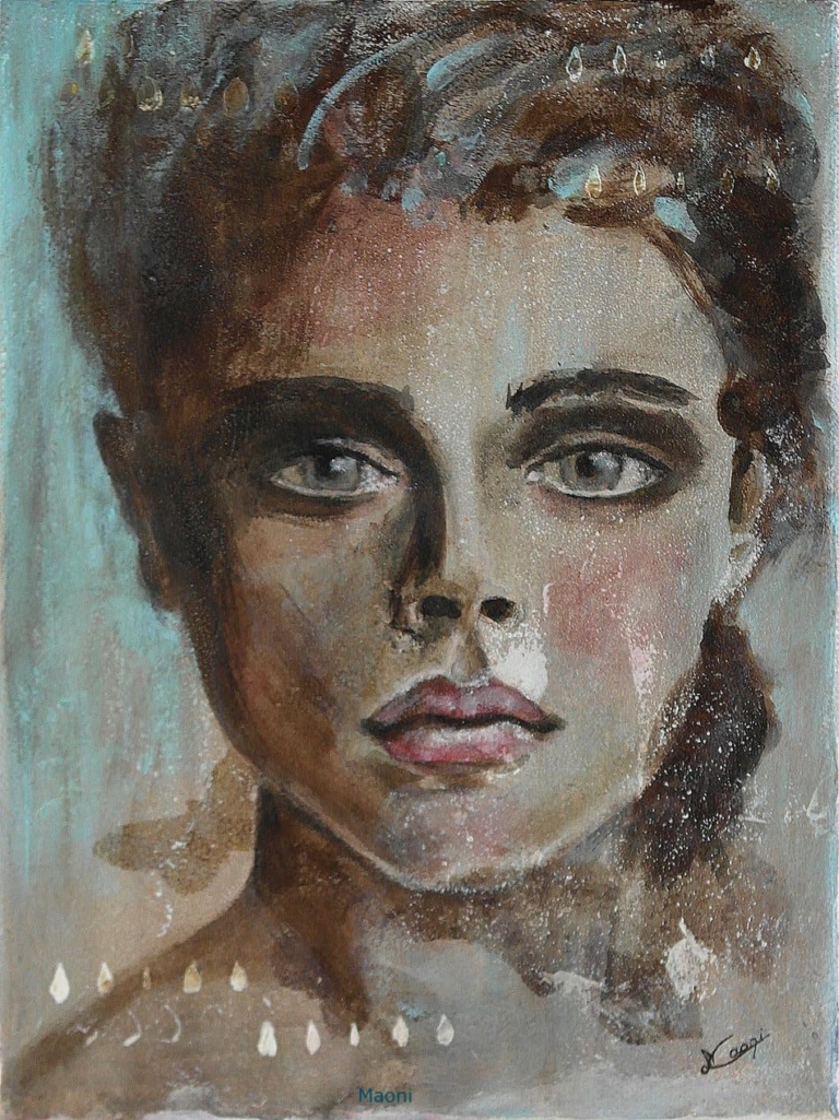 peinture sur toile d'un portrait d'une femme au regard clair