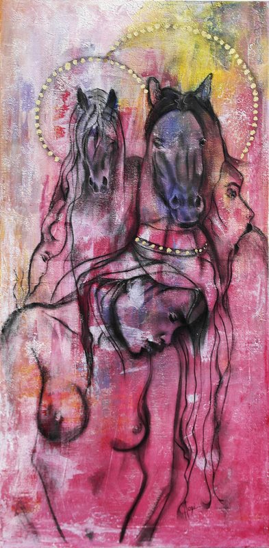 Dessin au fusain sur toile peinte à l'acrylique d'une jeune femme aux seins nus tête baissée des chevaux galopant autour d'elle, créatures et contexte onirique du monde de Maoni
