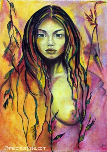 ELLA les yeux fauves peinture jeune femme au sein nu