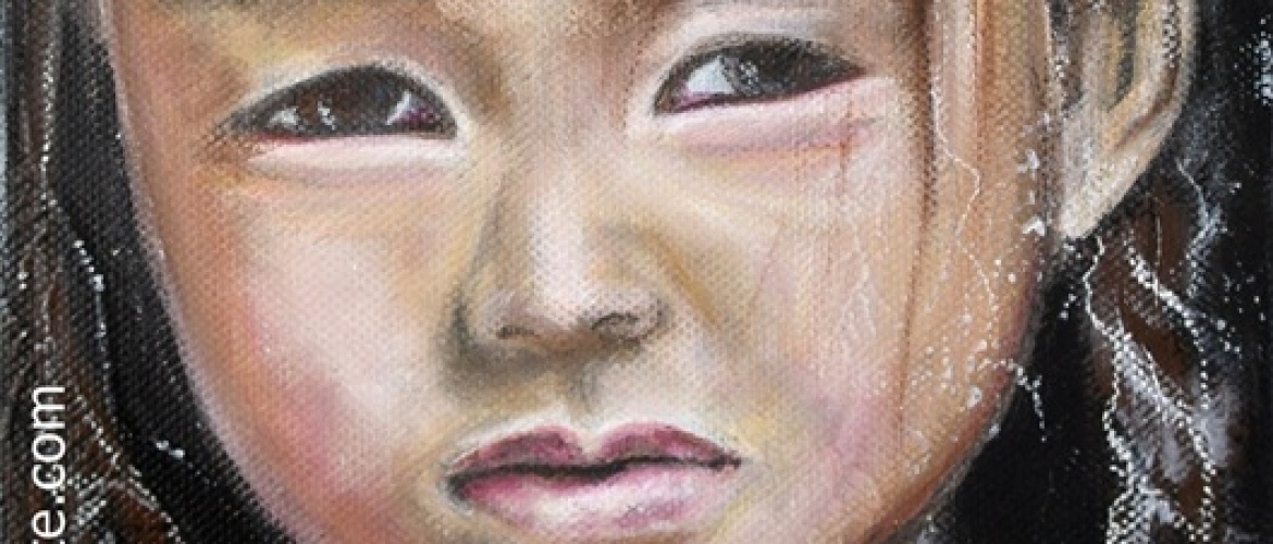 Peinture portrait enfant asiatique mélancolique ton noir-brun-blanc