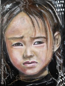 Peinture portrait enfant asiatique mélancolique ton noir-brun-blanc