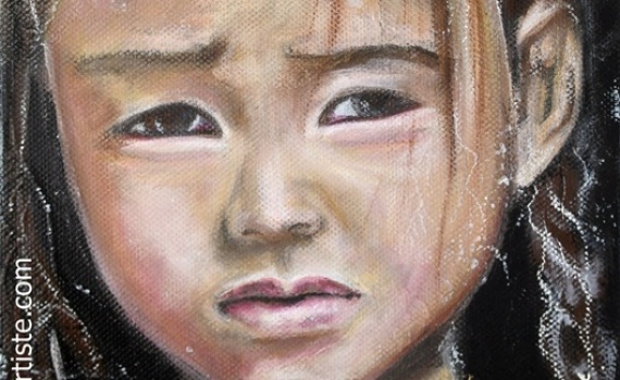 Peinture portrait enfant asiatique mélancolique ton noir-brun-blanc