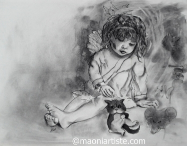 PORTRAIT PETIT ANGE JOUEUR AVEC DES ANIMAUX FANTISTIQUES 