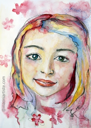 AQUARELLE MULTICOLORE - PORTRAIT JOLIE JEUNE FEMME TONS VIFS - SERIE AQUARELLES et ENCRES