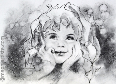 PORTRAIT FUSAIN FILLETTE REVEUSE