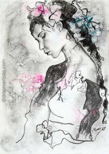 PORTRAIT de femme romantique au fusain et pigments sur papier, portrait de profil d'une femme de l'artiste Maoni