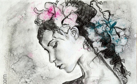 PORTRAIT de femme romantique au fusain et pigments sur papier, portrait de profil d'une femme de l'artiste Maoni