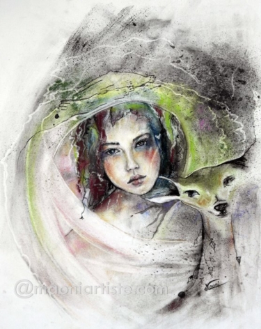 Portrait d'une jeune femme en compagnie d'un animal dessiné au fusain, pastels et encres sur papier canson 160 gr Année : 2616 Dimensions : 29,7x42 MAONI TITRE Lili's world tons vert-blanc-brun-noir pastel portrait femme animal