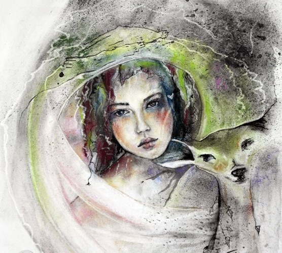 Portrait d'une jeune femme en compagnie d'un animal dessiné au fusain, pastels et encres sur papier canson 160 gr Année : 2616 Dimensions : 29,7x42 MAONI TITRE Lili's world tons vert-blanc-brun-noir pastel portrait femme animal