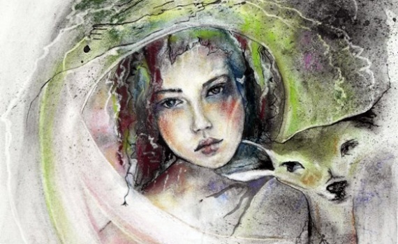 Portrait d'une jeune femme en compagnie d'un animal dessiné au fusain, pastels et encres sur papier canson 160 gr Année : 2616 Dimensions : 29,7x42 MAONI TITRE Lili's world tons vert-blanc-brun-noir pastel portrait femme animal