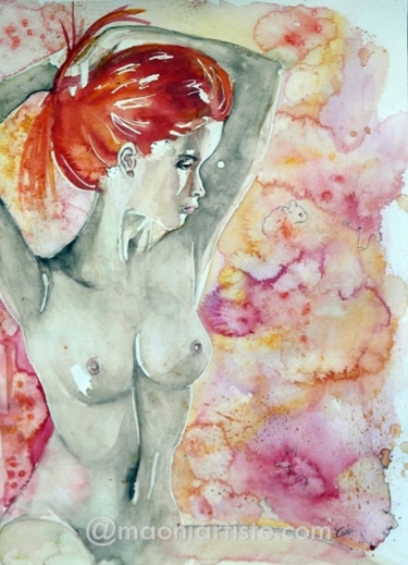 aquarelle nu feminin Les pensées de Martha Jeune femme rousse se relevant les cheveux TITRE : Les pensées de Martha ANNEE : 2016 TECHNIQUE : Aquarelle SUPPORT : Papier multitechniques CANSON 300gr - tons rouge-brun-