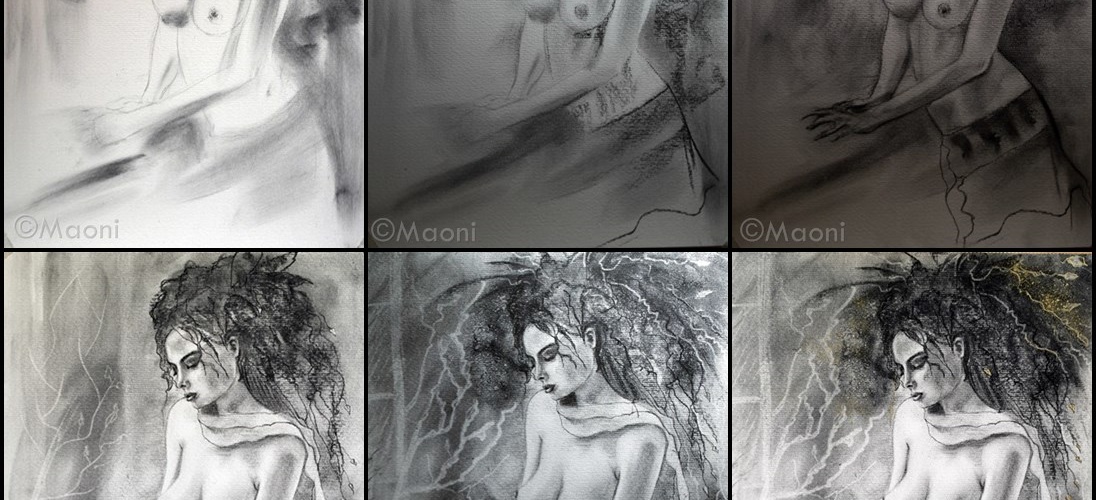 Pas à pas de la réalisation du fusain L'or de Maeva