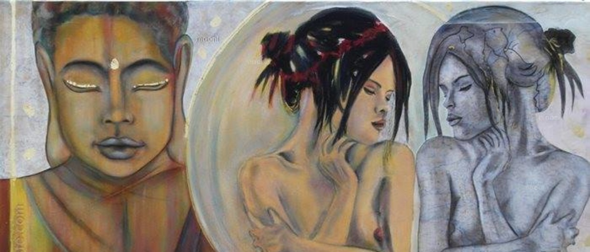 PEINTURE, TECHNIQUES MIXTES : ARCHANA MAONI 2015-2016 Peinture et mixed media Femmes et Boudha 50cm x 70 cm Toiles / chassis