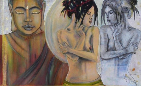 PEINTURE, TECHNIQUES MIXTES : ARCHANA MAONI 2015-2016 Peinture et mixed media Femmes et Boudha 50cm x 70 cm Toiles / chassis