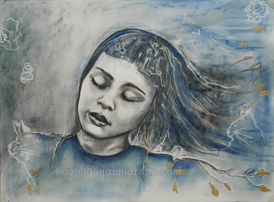 Portrait poétique au fusain et pastels d'une jeune femme
