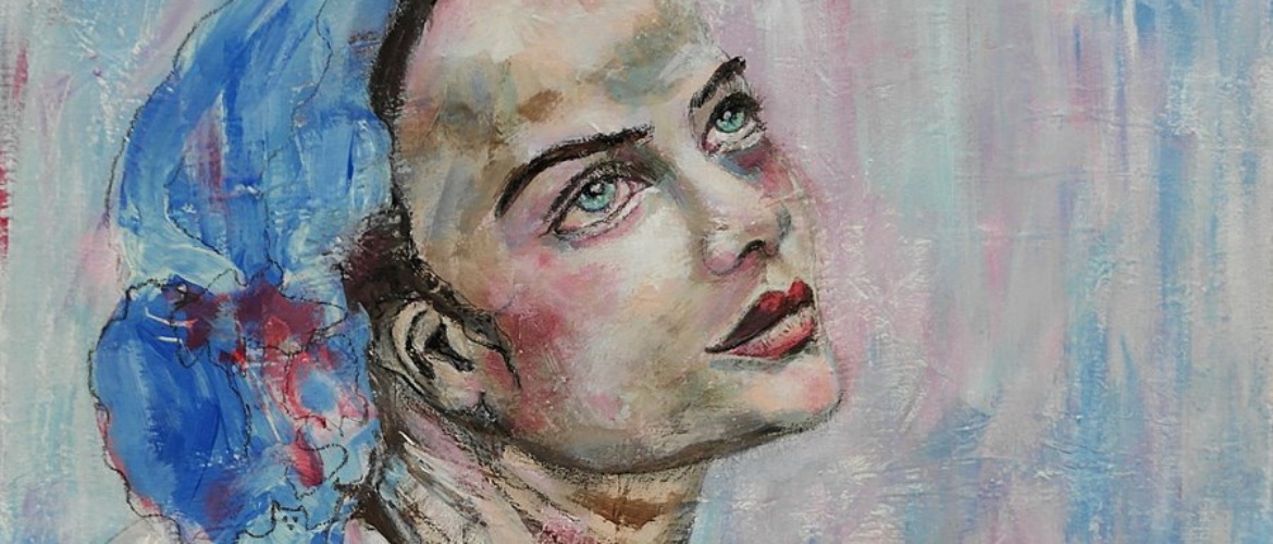 BEYOND ME - PEINTURE PORTRAIT FEMME FOULARD BLEU