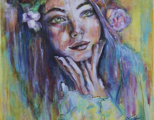 peinture portrait femme aux cheveux fleuris