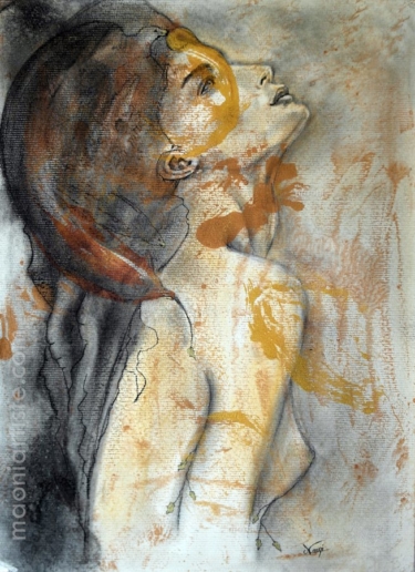 WHO PORTRAIT FEMME SOLAIRE FUSAIN et ACRYLIQUE et encre or sur papier multi techniques - 30cmx40cm _ Maoniartiste - 2017 -