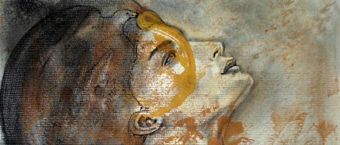 WHO PORTRAIT FEMME SOLAIRE FUSAIN et ACRYLIQUE et encre or sur papier multi techniques - 30cmx40cm _ Maoniartiste - 2017 -