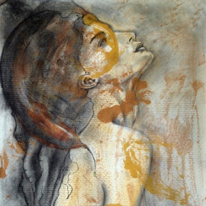 WHO PORTRAIT FEMME SOLAIRE FUSAIN et ACRYLIQUE et encre or sur papier multi techniques - 30cmx40cm _ Maoniartiste - 2017 -