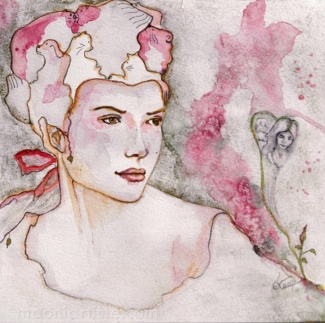 Portrait ancien à l'aquarelle d'une  jeune femme romantique avec des personnages fantasques dans sa chevelure sur papier aquarelle pochade 300 gr 20x20cm 