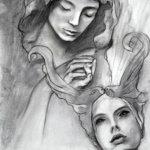 MAONI 2017 Fusain portraits ange et femme à coiffure d'oiseauxdimension : 30x40cmsupport papier