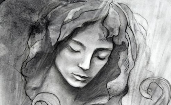 MAONI 2017 Fusain portraits ange et femme à coiffure d'oiseauxdimension : 30x40cmsupport papier