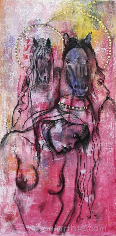 fusain femme nue et chevaux sauvages