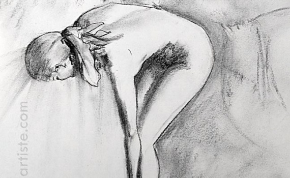 FUSAIN NU FEMININ AU BAIN