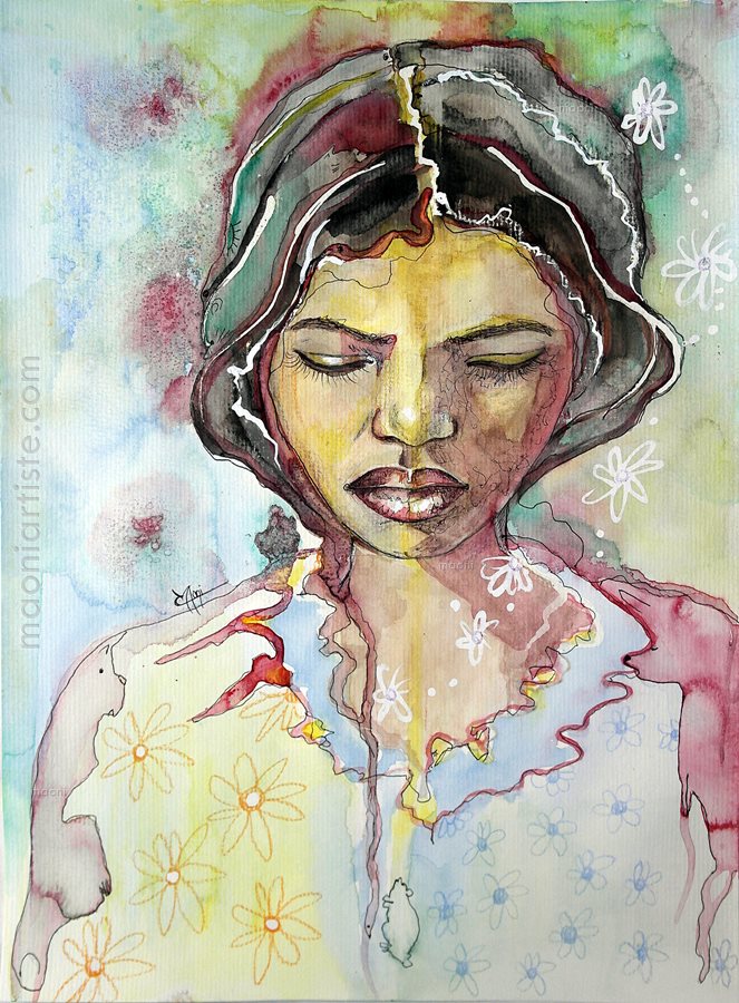 AQUARELLE PORTRAIT FEMME INDIENNE