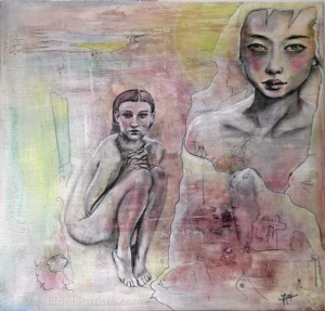 fusfusain femme nue et portrait femme au voile - YOU ARE SO LOVED - MAONI - Fusain sur peinture ACRYLIQUE - 2017 - 40cmx40cm sur carton entoilé. ain femme nue et portrait femme asiatique
