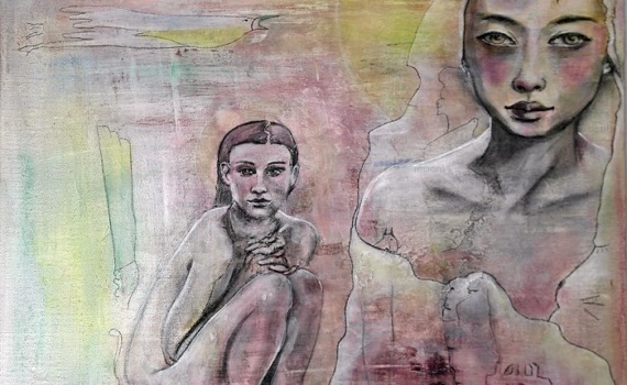 fusfusain femme nue et portrait femme au voile - YOU ARE SO LOVED - MAONI  - Fusain sur peinture ACRYLIQUE - 2017 - 40cmx40cm sur carton entoilé. ain femme nue et portrait femme asiatique