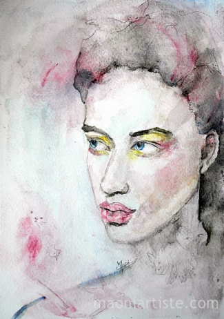 aquarelle d'un portrait de jeune femme délicate entourée de créatures oniriques