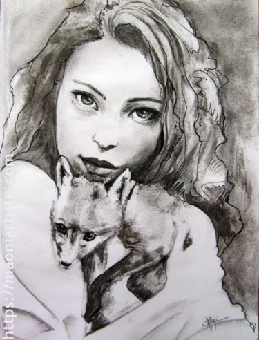 Portrait fusain belle jeune femme et renard