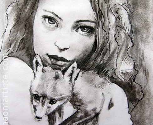 Portrait fusain belle jeune femme et renard