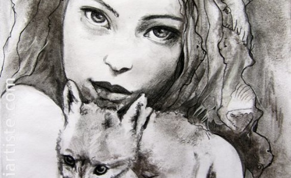 Portrait fusain belle jeune femme et renard