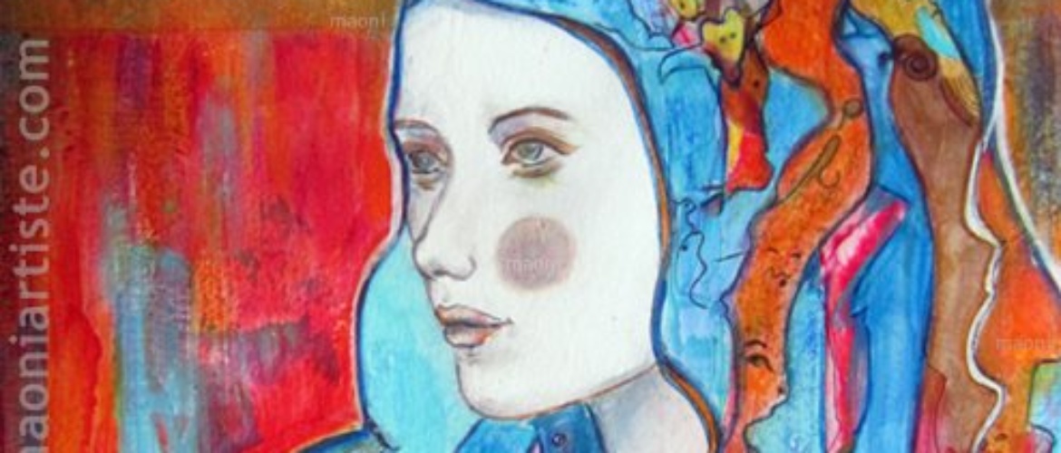 portrait acrylique belle jeune femme fond coloré