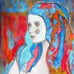 portrait acrylique belle jeune femme fond coloré