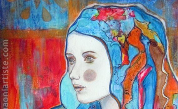 portrait acrylique belle jeune femme fond coloré