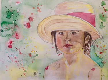 portrait aquarelle jolie petite fille au chapeau