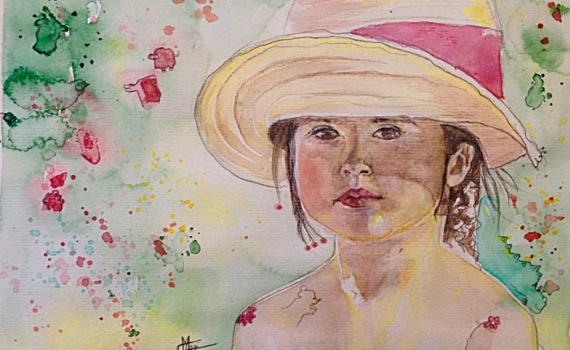 portrait aquarelle jolie petite fille au chapeau
