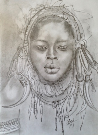 PORTRAIT GRAPHITE et FUSAIN BELLE FEMME AFRICAINE parée des bijoux de sa tribu 