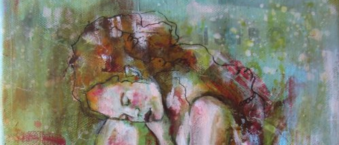 Peinture acrylique jeune femme nue recroquevillée