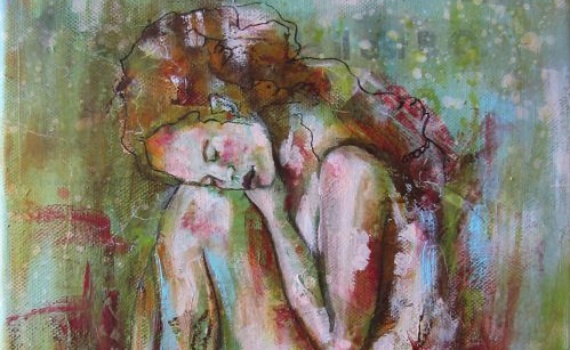 Peinture acrylique jeune femme nue recroquevillée