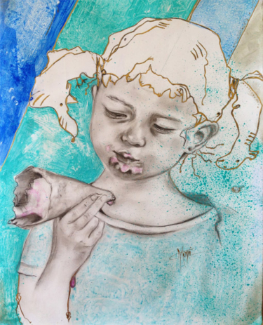 portrait fusain et acrylique fillette et crème glacée 22X32