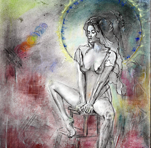Femme nue sur un tabouret portant une auréole derrière la tête entourée de créatures et de végétaux du monde de Maoni