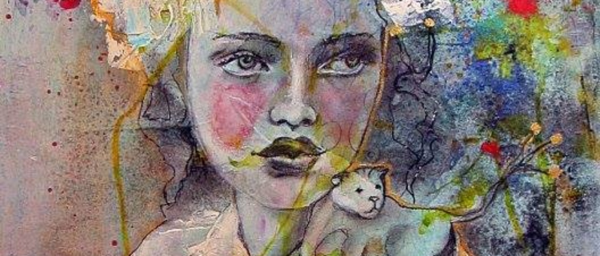 portrait vintage jeune femme et lionceau mixed media