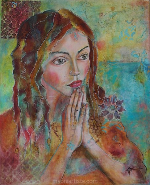 PORTRAIT ACRYLIQUE BELLE JEUNE FEMME BOHEME EN PRIERE