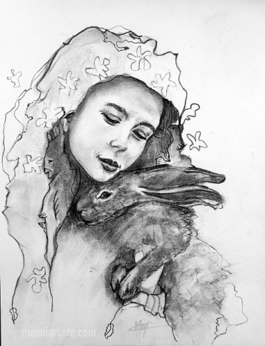 PORTRAIT FUSAIN BELLE JEUNE FEMME AU LAPIN DANS LES BRAS SUR PAPIER CROQUIS 