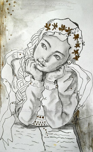 PORTRAIT GRAPHITE ET ENCRE OR d'une FILLETTE REVEUSE SUR CARNET CROQUIS 15X21. feuillet détachable . 